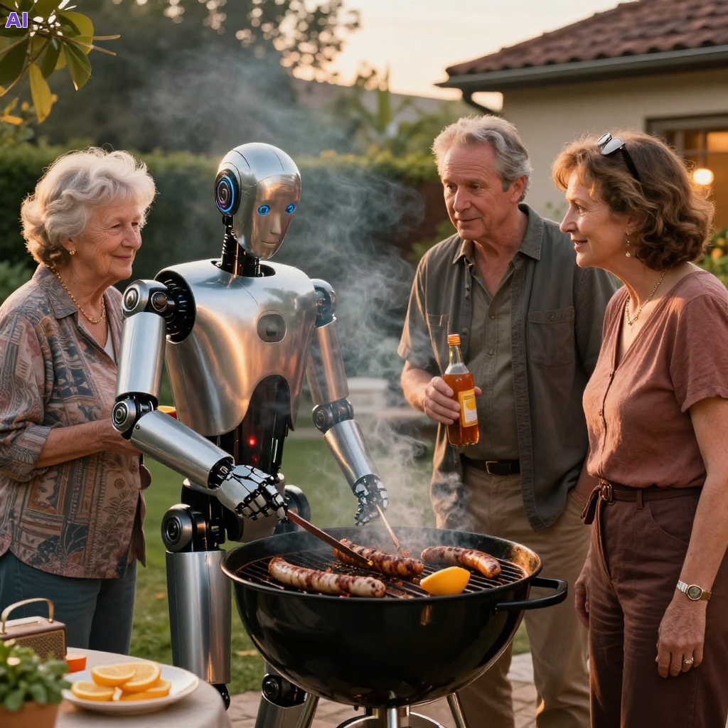 Ahnenroboter - Grillen: #Hauptperson dreht Würstchen mit philosophischer Miene,