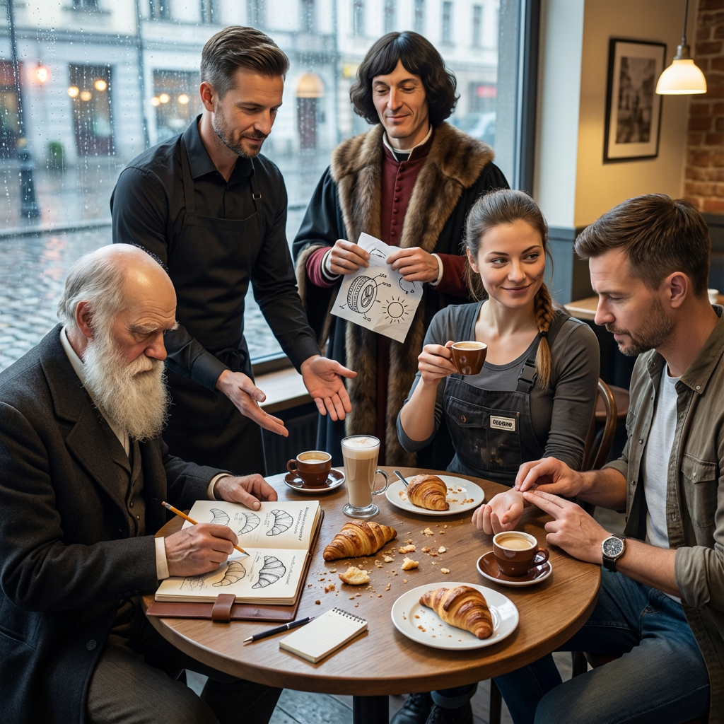 Stell dir vor: Charles Darwin, Nikolaus Kopernikus, deine Freunde und du sitzt zusammen am Café-Tisch