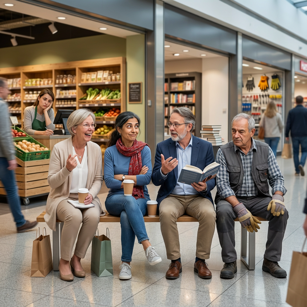 Monika steht im Stuttgarter Einkaufszentrum vor dem Biosupermarkt