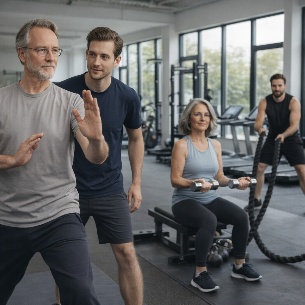 Zwischen Hantelbänken und Rudergeräten steht Thomas am Mattenrand, erklärt Fabian geduldig,