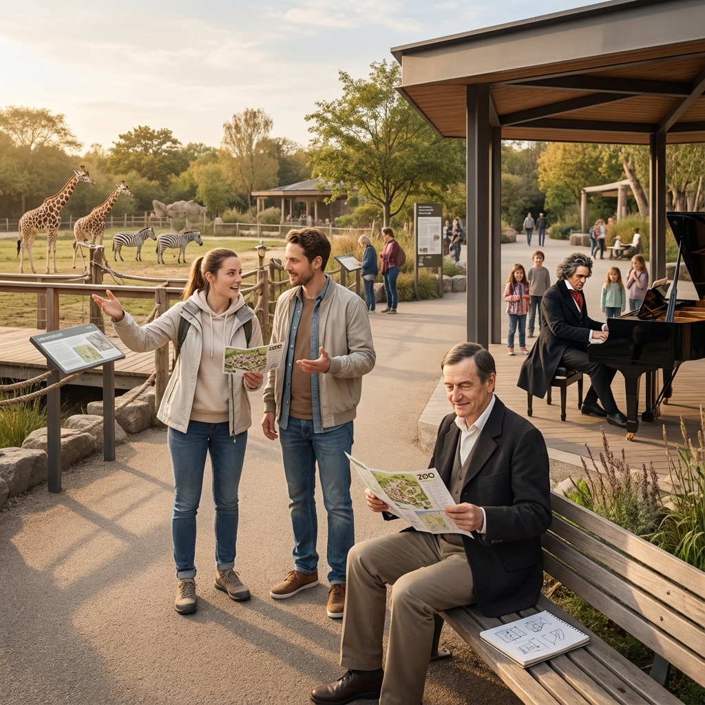 Miriam steht mit Jonas auf einer hölzernen Aussichtsplattform über dem Savannen-Gehege